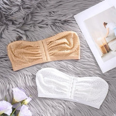 Pleated Front Button Strapless Lace Tube Top – Non-Slip Invisible Bra for Women