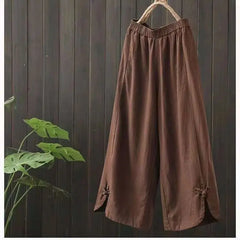 Cotton Linen Elastic Waist Wide Leg  Women Summer High Waist Vintage Loose Slimming Nine-Minute Pants Ethnic Style