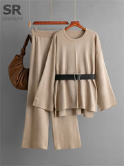 SINGREINY Autumn Fashion Knit Loose Suits Women O Neck Belt Design Pullovers+Wide Legs Long Pants Winter Causal Thick 2PC Set