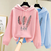 Women’s Feather Printed Hoodie – Autumn/Winter Plus Velvet Loose Sweatshirt