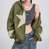 Vintage Star Print Women’s Zip-Up Hoodie – Harajuku Streetwear Outerwear