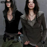 Y2k Aesthetic Fake Two Pieces Women T-shirt  Gothic Punk Vintage Casual Hooded Tshirts Grunge Letter Print Slim Fit Tees Femme