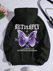 Purple Butterfly Print Hoodie – Women’s Fleece Pullover with Pocket | Casual Autumn Streetwear