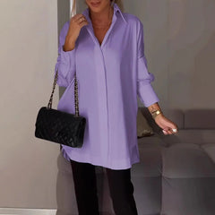 Women’s Loose Button Blouse – Summer Long Sleeve Shirt with Turn Down Collar Tops