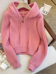 Women Long Sleeve Sweater Korean Style Casual Outerwear Woman Fashion Chic Zip Up Cardigan Knit Top Female Hooded Jumper