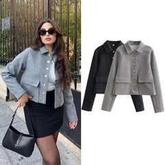 2025 Women’s Aviator Black Wool Blend Cropped Bomber Jacket – Casual Autumn & Winter Outerwear