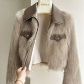 Women’s Faux Fox Fur Short Coat – Chic Korean Style Polo Collar Plush Jacket for Spring & Autumn