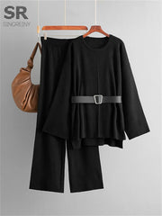 SINGREINY Autumn Fashion Knit Loose Suits Women O Neck Belt Design Pullovers+Wide Legs Long Pants Winter Causal Thick 2PC Set
