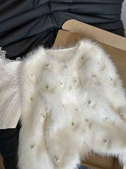 White Imitate Mink Fur Sweater Coats For Women Autumn New Pearl Single Breasted Beading Knitted Cardigans Fashion Warm Tops