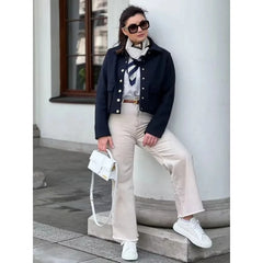 2025 Women’s Aviator Black Wool Blend Cropped Bomber Jacket – Casual Autumn & Winter Outerwear