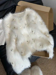 White Imitate Mink Fur Sweater Coats For Women Autumn New Pearl Single Breasted Beading Knitted Cardigans Fashion Warm Tops