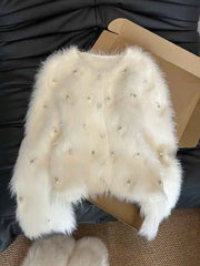 White Imitate Mink Fur Sweater Coats For Women Autumn New Pearl Single Breasted Beading Knitted Cardigans Fashion Warm Tops