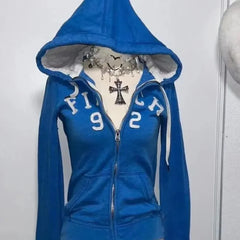 2025 Women’s Blue Gothic Retro Sweatshirt – Y2K Slim Cardigan Jacket