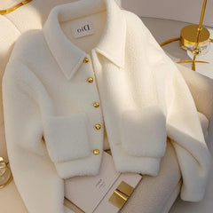 2025 Women’s White Lambswool Fur Coat – Elegant Thick Warm Short Jacket, Luxury Y2K Autumn Winter Outwear