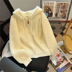 Women Long Sleeve Sweater Korean Style Casual Outerwear Woman Fashion Chic Zip Up Cardigan Knit Top Female Hooded Jumper