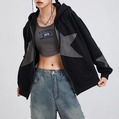 Vintage Star Print Women’s Zip-Up Hoodie – Harajuku Streetwear Outerwear
