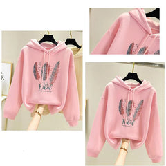 Women’s Feather Printed Hoodie – Autumn/Winter Plus Velvet Loose Sweatshirt