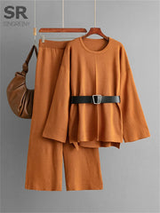 SINGREINY Autumn Fashion Knit Loose Suits Women O Neck Belt Design Pullovers+Wide Legs Long Pants Winter Causal Thick 2PC Set