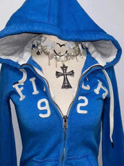 2025 Women’s Blue Gothic Retro Sweatshirt – Y2K Slim Cardigan Jacket