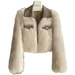 Women’s Faux Fox Fur Short Coat – Chic Korean Style Polo Collar Plush Jacket for Spring & Autumn