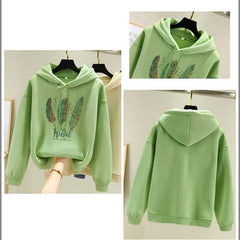 Women’s Feather Printed Hoodie – Autumn/Winter Plus Velvet Loose Sweatshirt