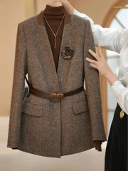 Plus Size 4XL High Quality Coffee colored Suit Jacket For Women Spring Outwear Fashion Simple Wool Coat Autumn Blazer With Belt
