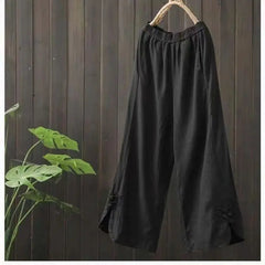 Cotton Linen Elastic Waist Wide Leg  Women Summer High Waist Vintage Loose Slimming Nine-Minute Pants Ethnic Style