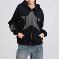 Vintage Star Print Women’s Zip-Up Hoodie – Harajuku Streetwear Outerwear