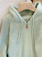 Women Long Sleeve Sweater Korean Style Casual Outerwear Woman Fashion Chic Zip Up Cardigan Knit Top Female Hooded Jumper