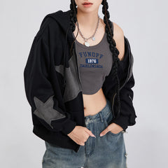 Vintage Star Print Women’s Zip-Up Hoodie – Harajuku Streetwear Outerwear