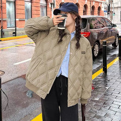 2025New Winter Cotton-Padded Jacket Women Fashion Designed Sense Rhombic Baseball Outwear Puffer Coat Thin Parka Coat Female Top