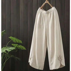 Cotton Linen Elastic Waist Wide Leg  Women Summer High Waist Vintage Loose Slimming Nine-Minute Pants Ethnic Style