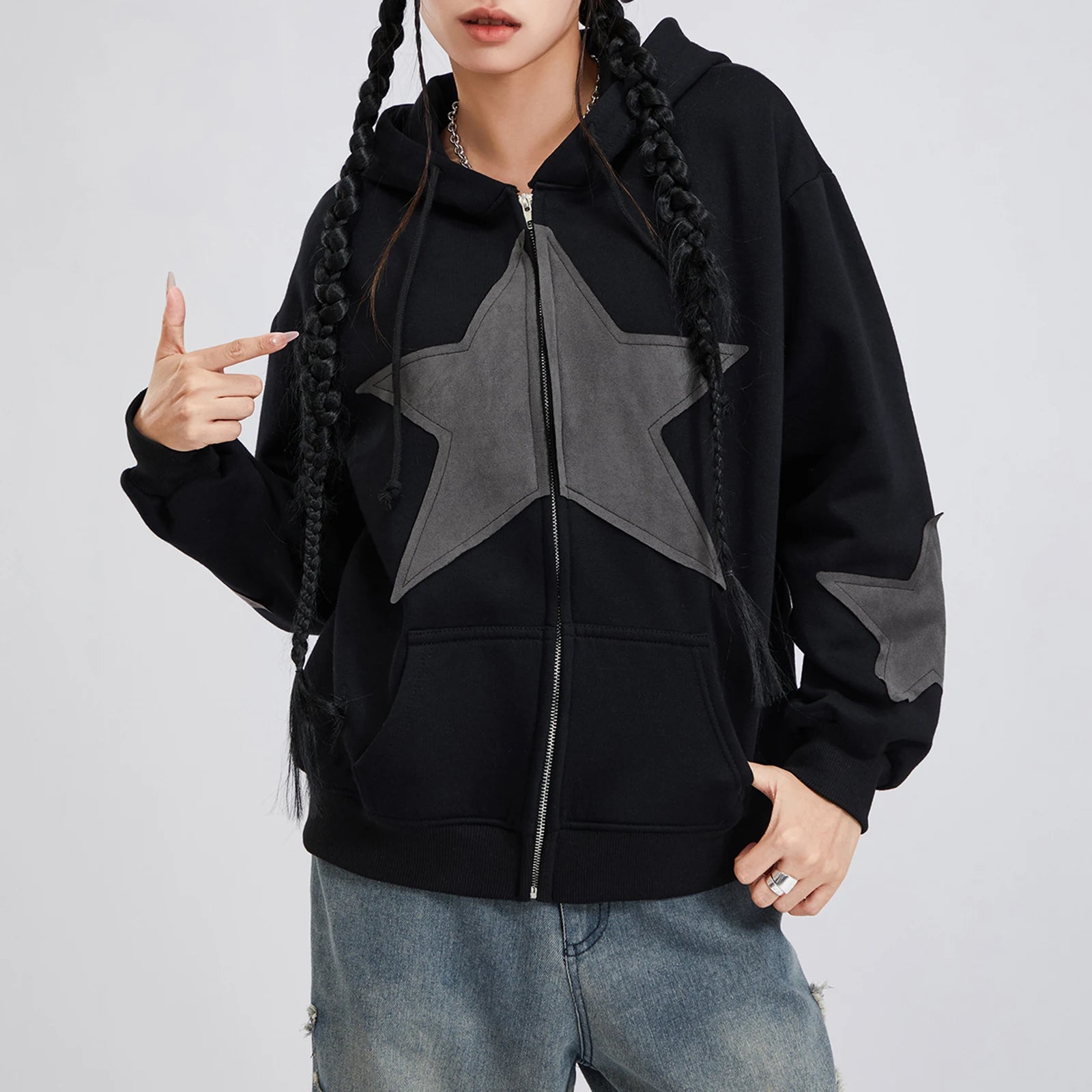 Vintage Star Print Women’s Zip-Up Hoodie – Harajuku Streetwear Outerwear