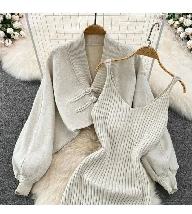 Solid Color Knitwear Set Lace up New Chinese Knitted Cardigan Women Sweater Coat Camisole Dress Two Piece Set Women Outfits