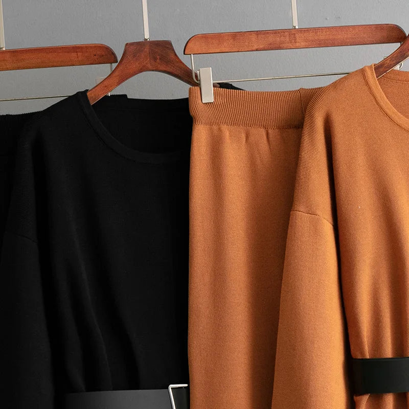 SINGREINY Autumn Fashion Knit Loose Suits Women O Neck Belt Design Pullovers+Wide Legs Long Pants Winter Causal Thick 2PC Set