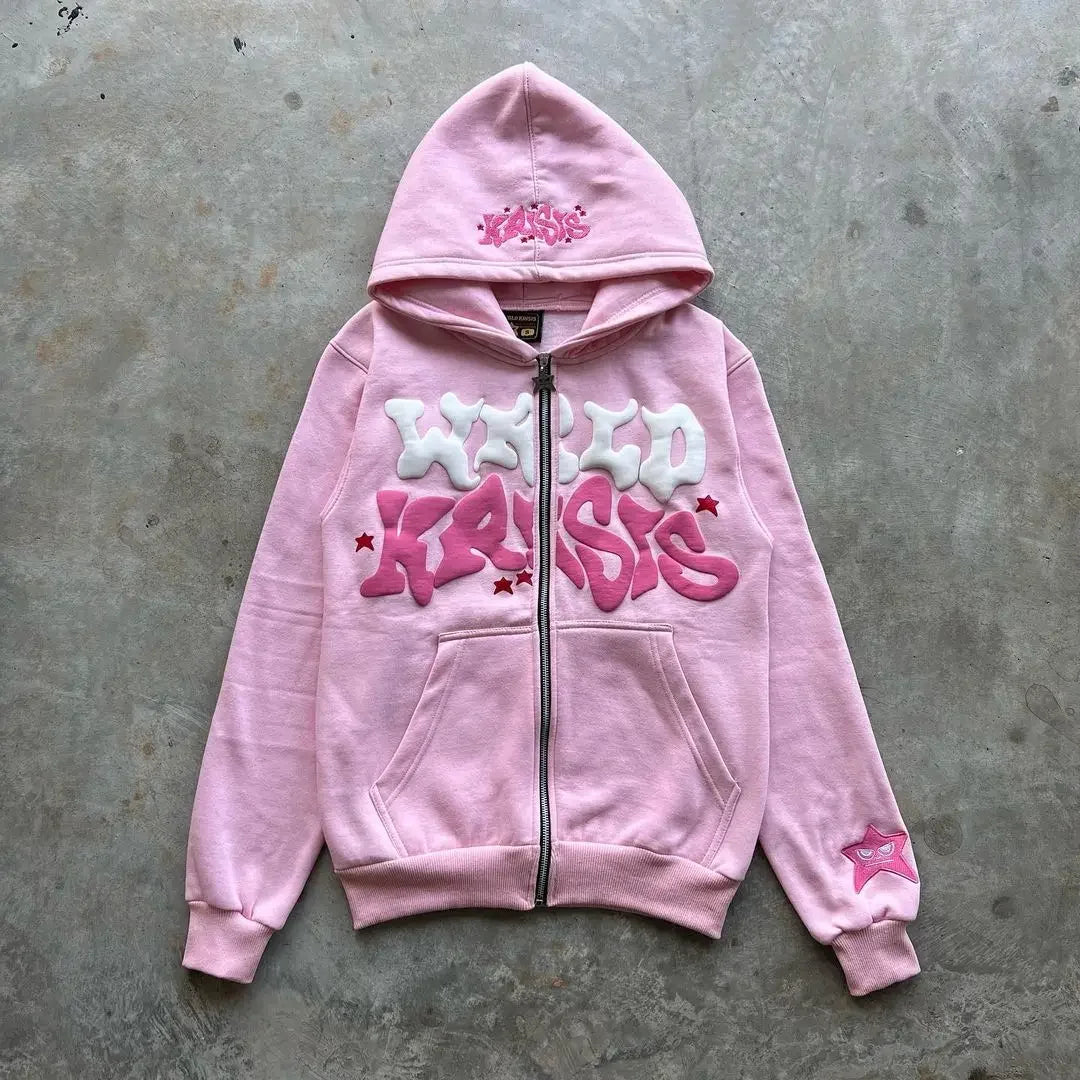 Vintage woman’s Zip-Up Hoodie – Retro Y2K Unisex Oversized Sweatshirt with Foam Letter Design