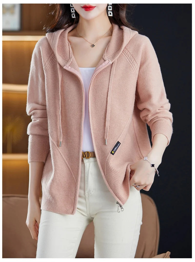 Women Knitted Sweater Cardigan Jacket 2025 New Solid Hooded Zipper Sweater Coat Female Knitwear Casual Tops Female Jackets