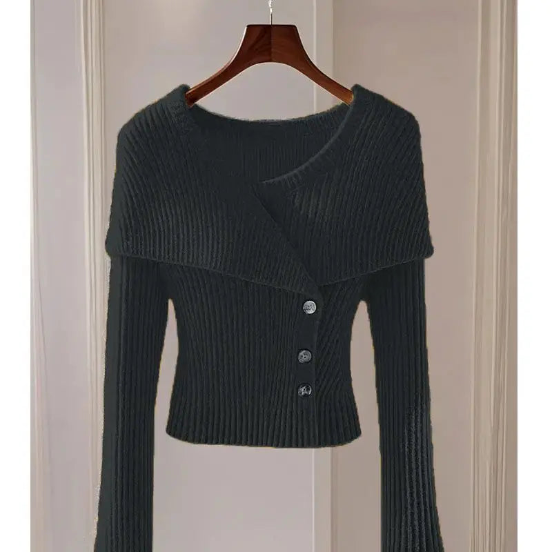 2025 Early Autumn New Temperament Solid Color Simple Knitted Sweater Cardigan Long Sleeve Slim Fit Crew Neck Chic Top