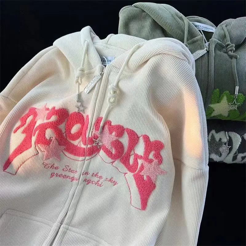 Y2k Zip Up Hoodie Women Autumn Retro Embroidered Letter Loose Long Sleeve Tops 2025 Casual Hooded Sweatshirts Harajuku Jackets