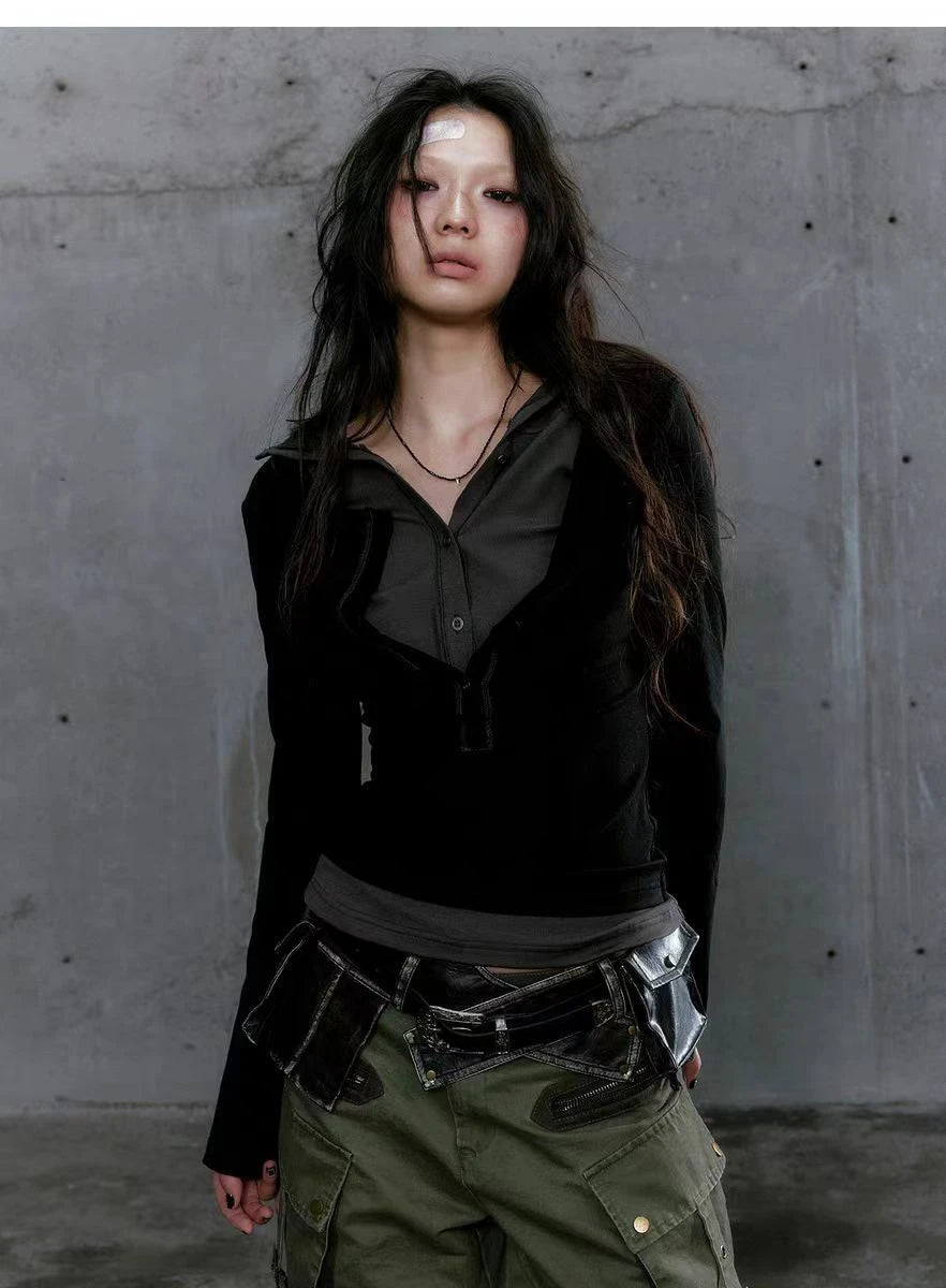 Y2k Aesthetic Fake Two Pieces Women T-shirt  Gothic Punk Vintage Casual Hooded Tshirts Grunge Letter Print Slim Fit Tees Femme