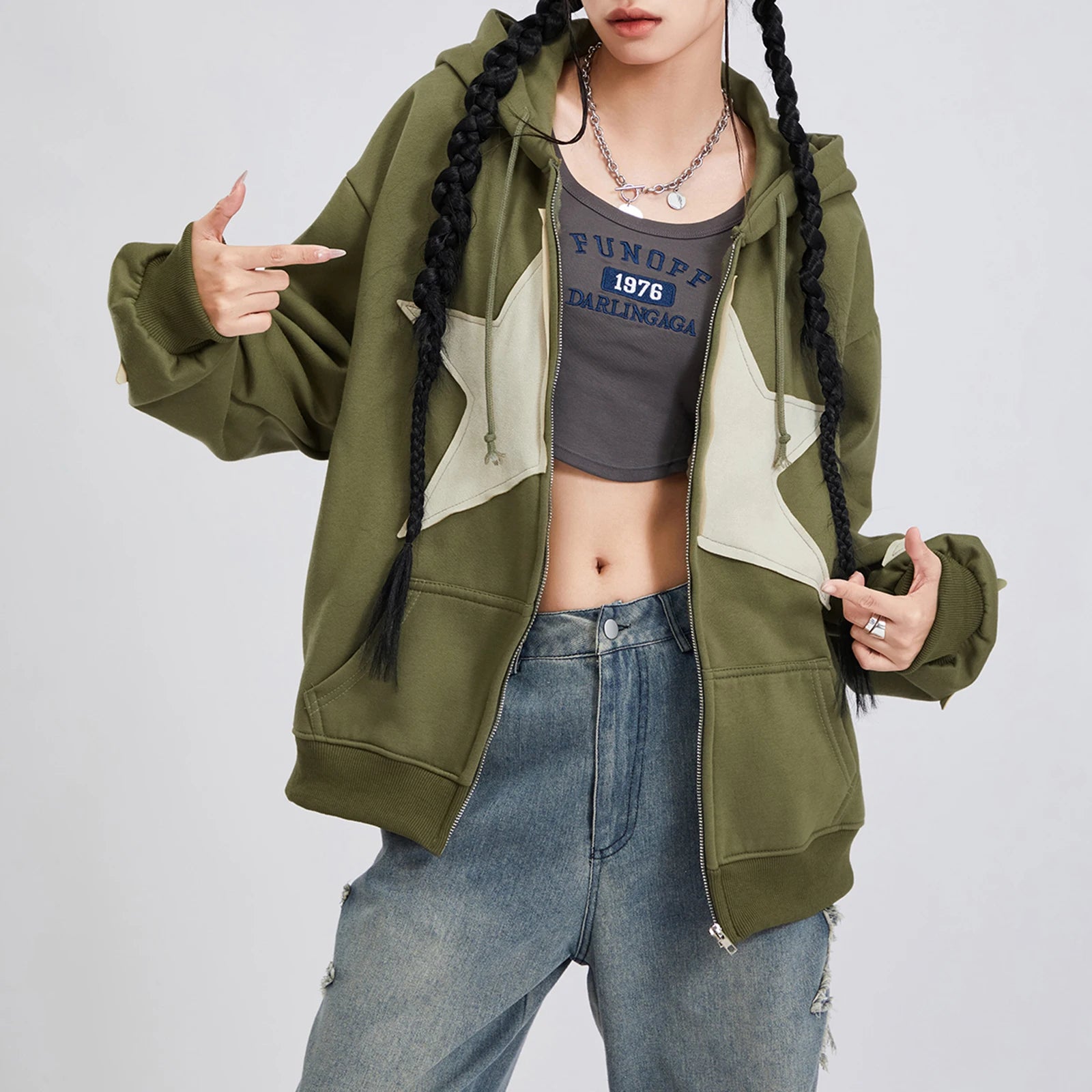 Vintage Star Print Women’s Zip-Up Hoodie – Harajuku Streetwear Outerwear
