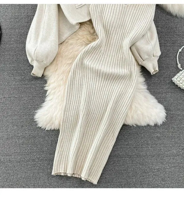 Solid Color Knitwear Set Lace up New Chinese Knitted Cardigan Women Sweater Coat Camisole Dress Two Piece Set Women Outfits