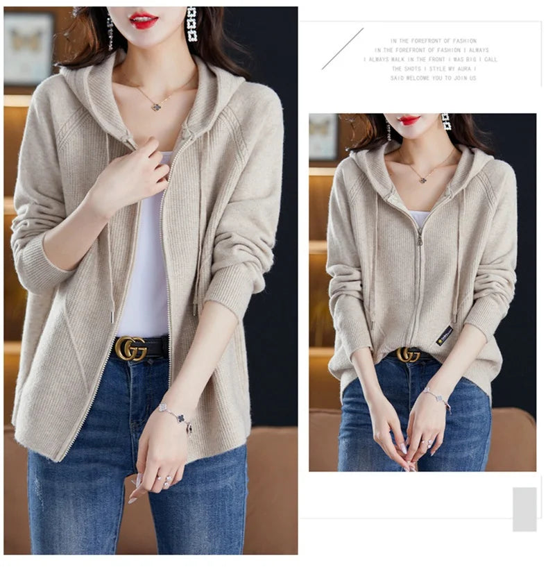 Women Knitted Sweater Cardigan Jacket 2025 New Solid Hooded Zipper Sweater Coat Female Knitwear Casual Tops Female Jackets