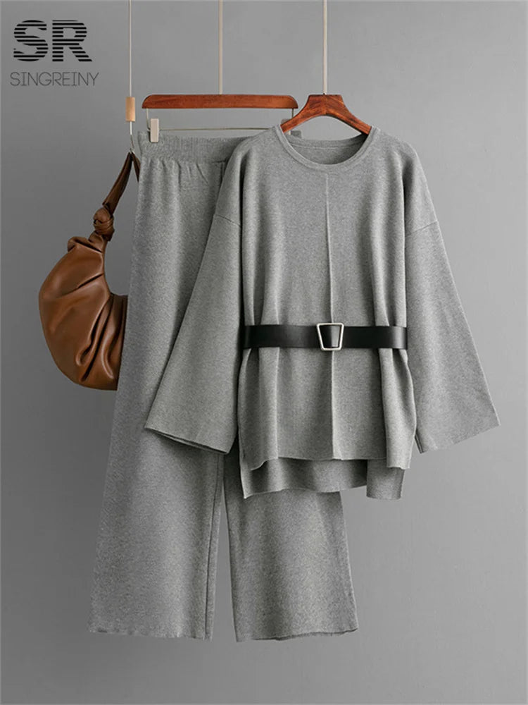 SINGREINY Autumn Fashion Knit Loose Suits Women O Neck Belt Design Pullovers+Wide Legs Long Pants Winter Causal Thick 2PC Set