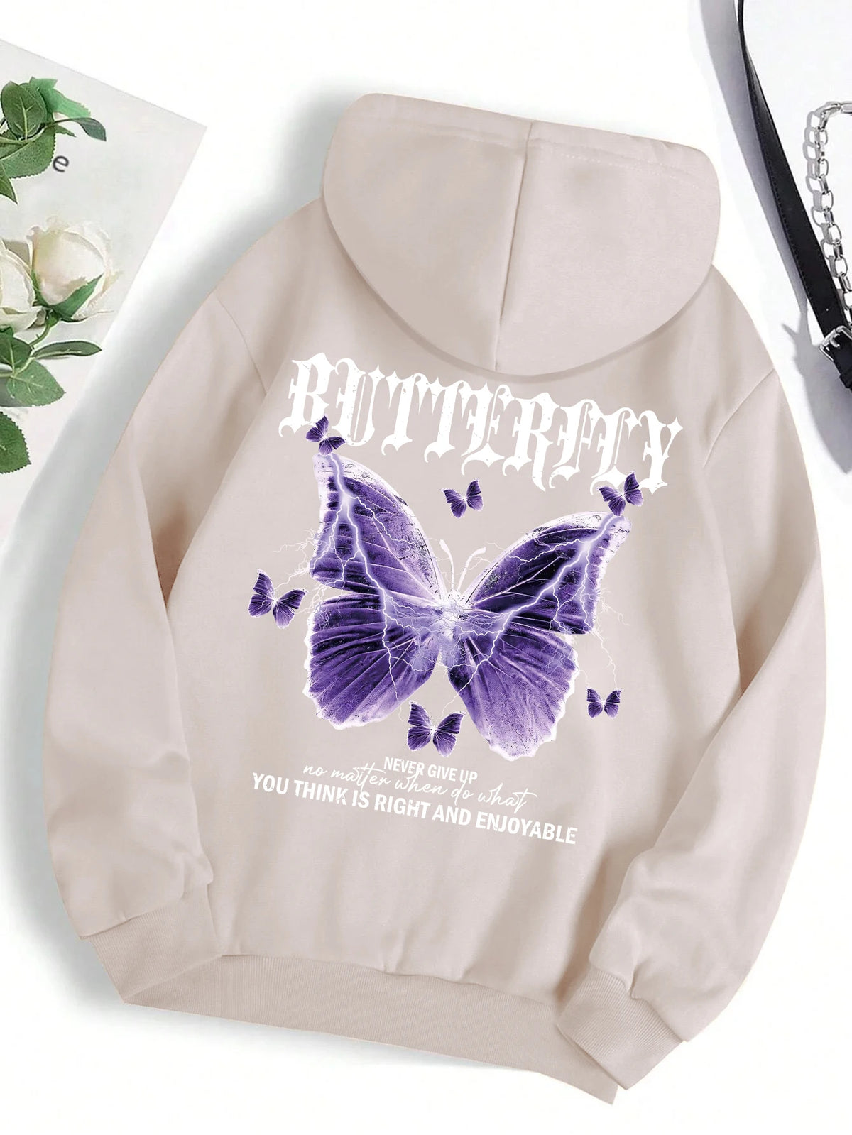 Purple Butterfly Print Hoodie – Women’s Fleece Pullover with Pocket | Casual Autumn Streetwear