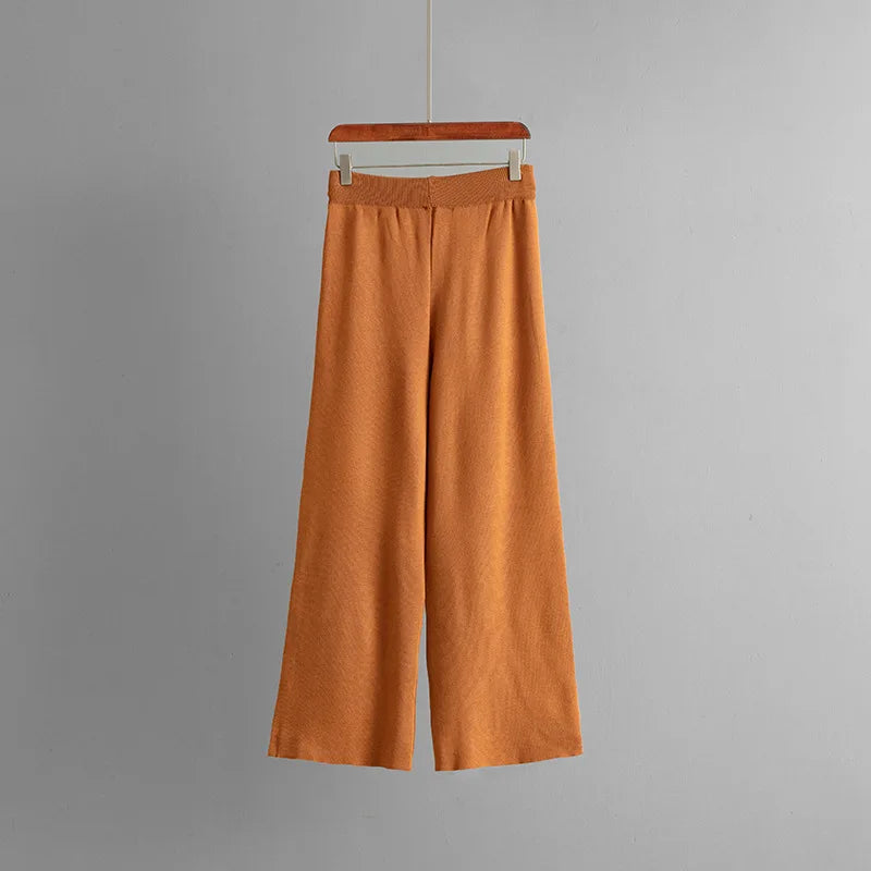 SINGREINY Autumn Fashion Knit Loose Suits Women O Neck Belt Design Pullovers+Wide Legs Long Pants Winter Causal Thick 2PC Set