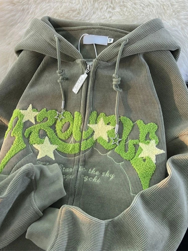 Y2k Zip Up Hoodie Women Autumn Retro Embroidered Letter Loose Long Sleeve Tops 2025 Casual Hooded Sweatshirts Harajuku Jackets