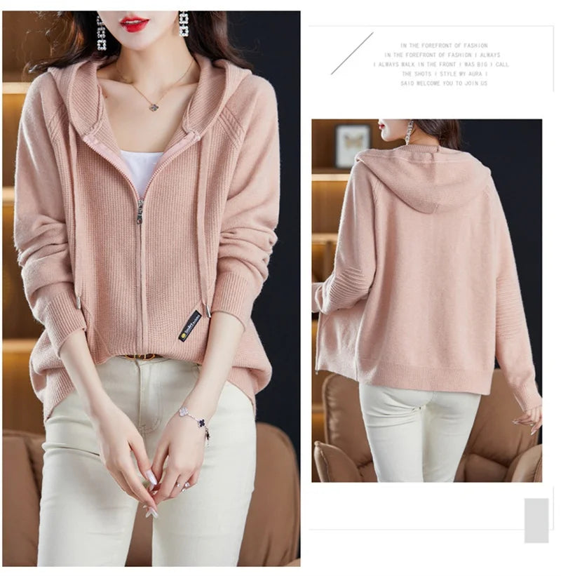 Women Knitted Sweater Cardigan Jacket 2025 New Solid Hooded Zipper Sweater Coat Female Knitwear Casual Tops Female Jackets