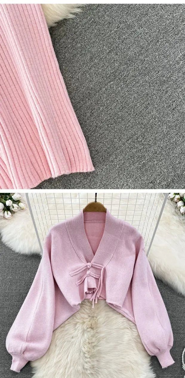 Solid Color Knitwear Set Lace up New Chinese Knitted Cardigan Women Sweater Coat Camisole Dress Two Piece Set Women Outfits