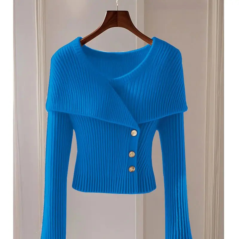 2025 Early Autumn New Temperament Solid Color Simple Knitted Sweater Cardigan Long Sleeve Slim Fit Crew Neck Chic Top